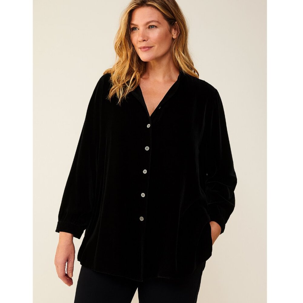 J. Jill Velvet Blouse Tunic Button-Up Black Rayon/Silk Blend size L Ruffled